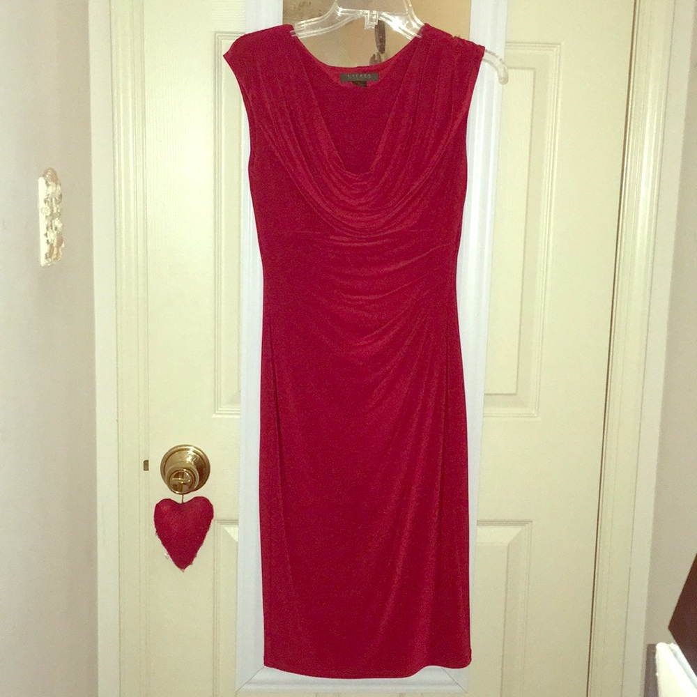 Cowl neck sleeveless jersey sheath dress